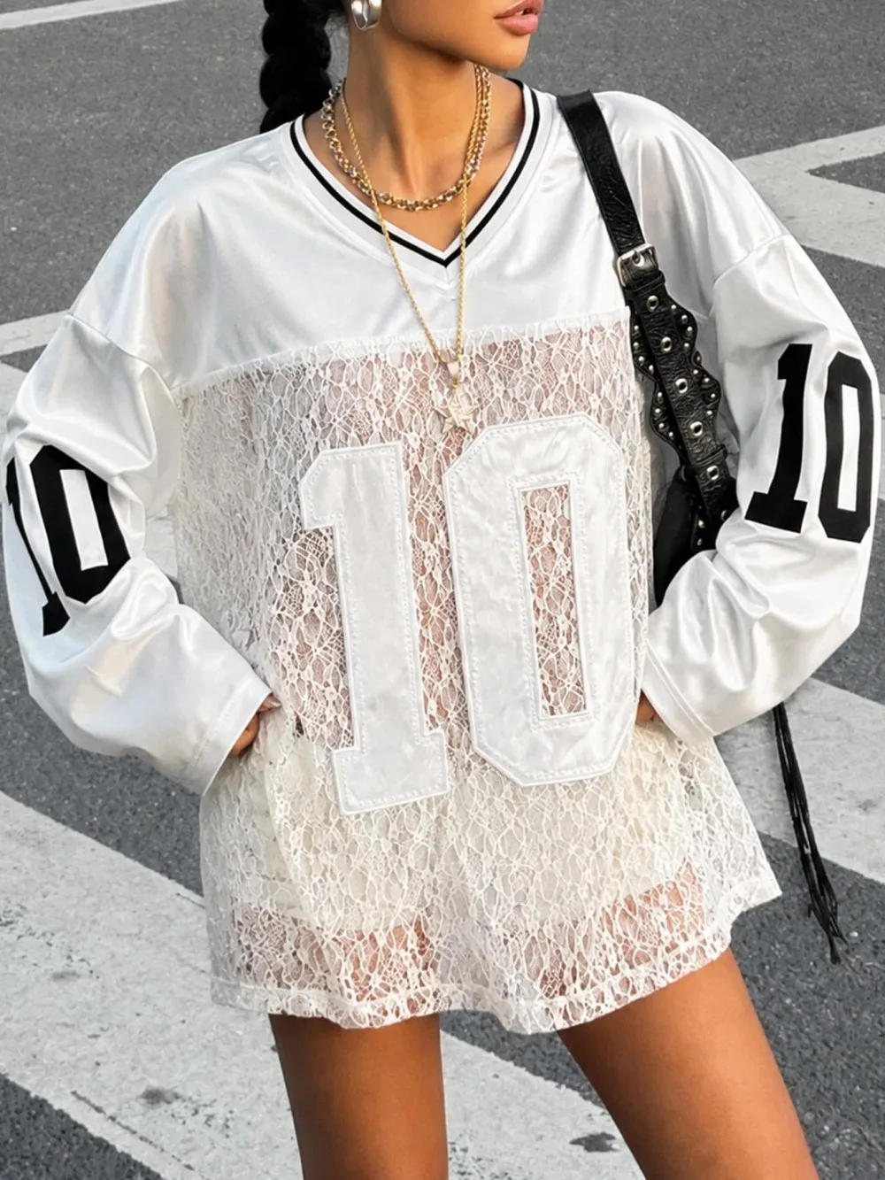 2026 new summer lace patchwork jersey loose long sleeved top V-neck digital letter print concert nightclub street trend niche