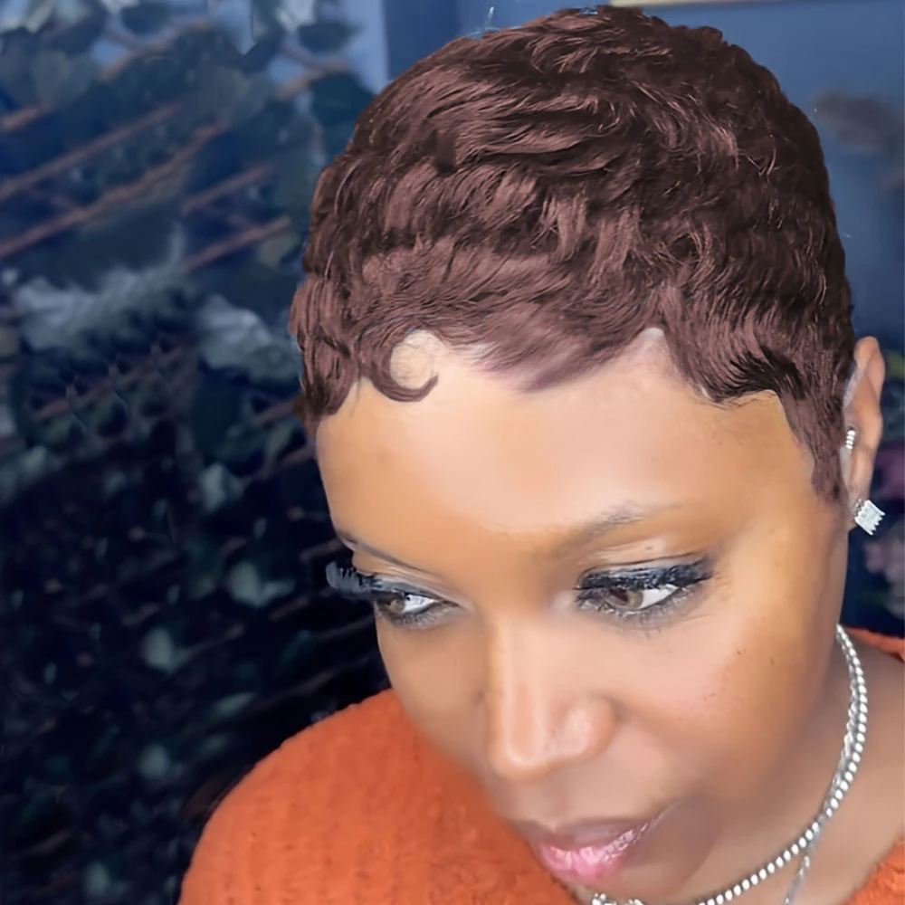 150% densidade 4 Polegada pixie corte encaracolado onda peruca de cabelo humano para mulheres completa máquina feita peruca para uso diário e festa