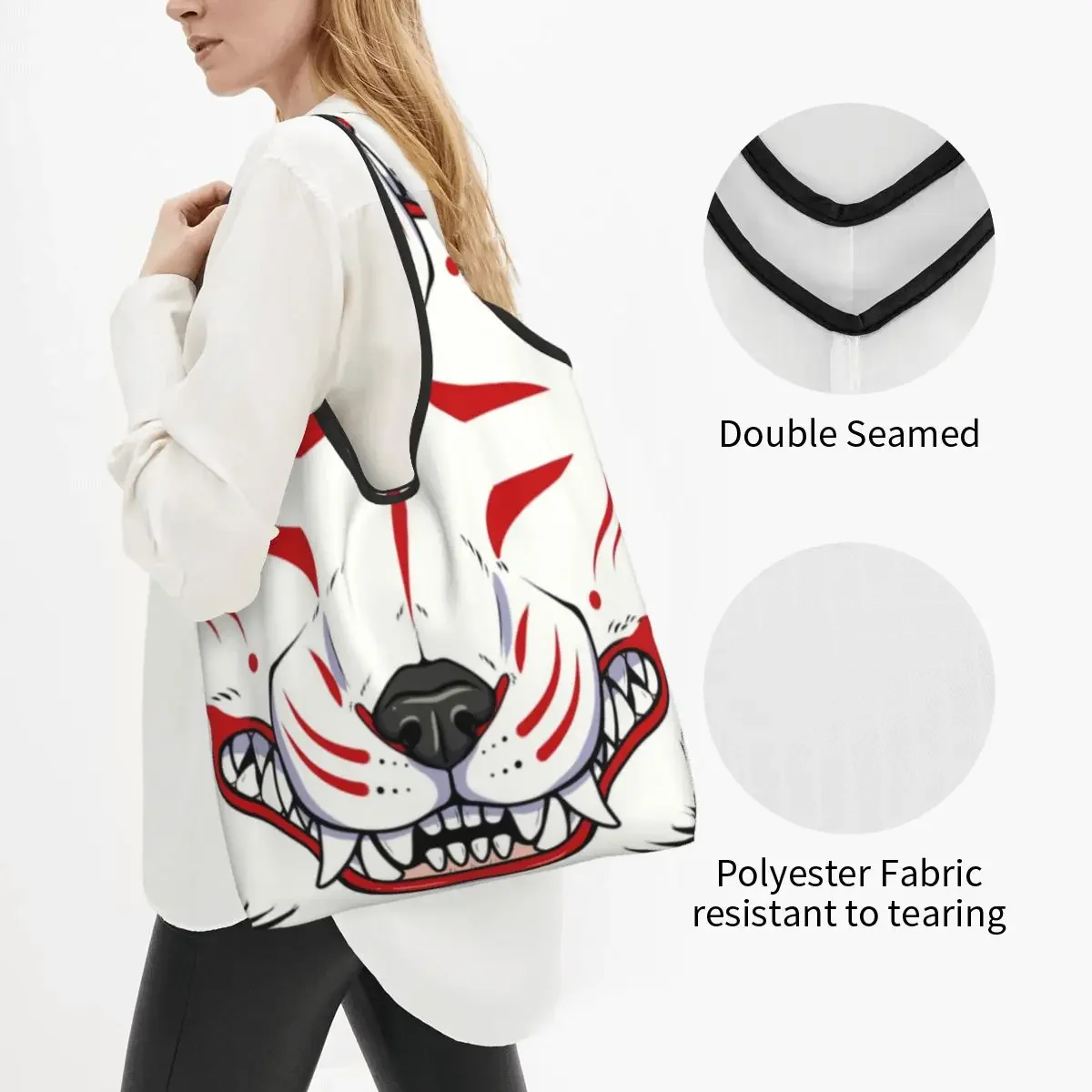 Custom Oni Demon Kitsune Grin Groceries Shopping Bag Shopper Shoulder Tote Bags Big Portable Fox Aunumart Japanese Handbag