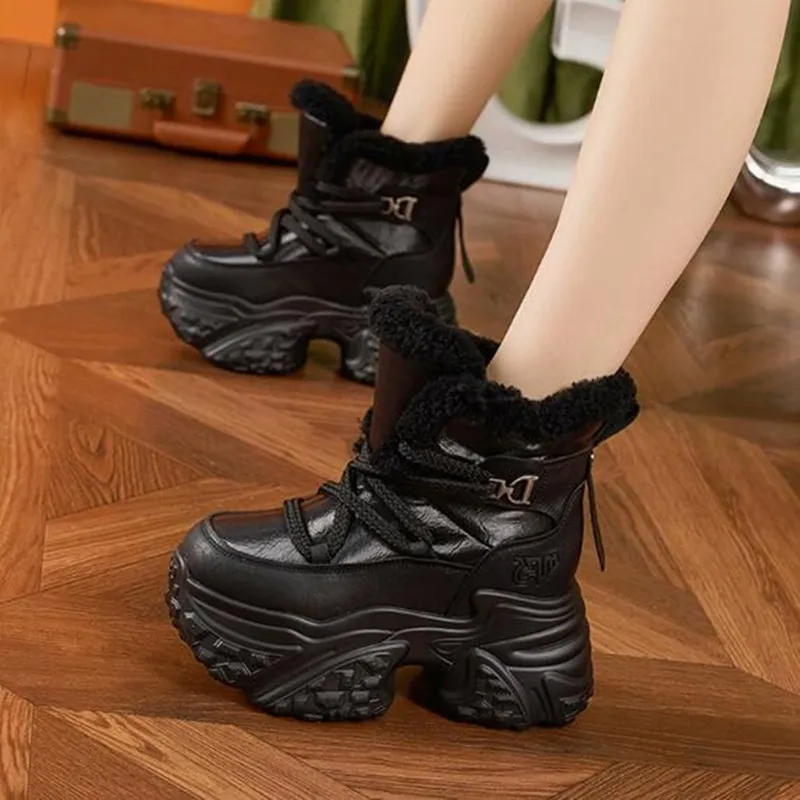 10cm New Luxury Down Microfiber Leather Fashion Women Ankle Booties Platform Wedge Chimney 2026 Autumn Winter Plush Warm Shoes