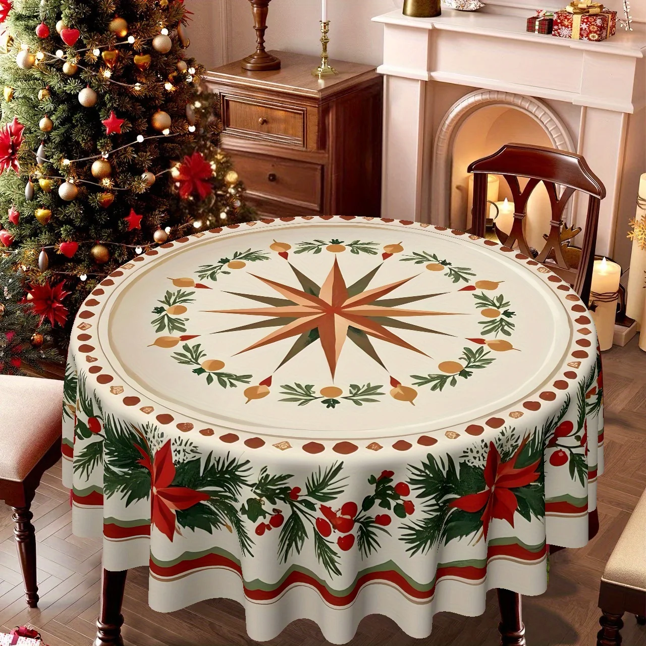 Christmas star wreath printed round table cloth, suitable for family daily meals, Christmas, Christmas parties,
