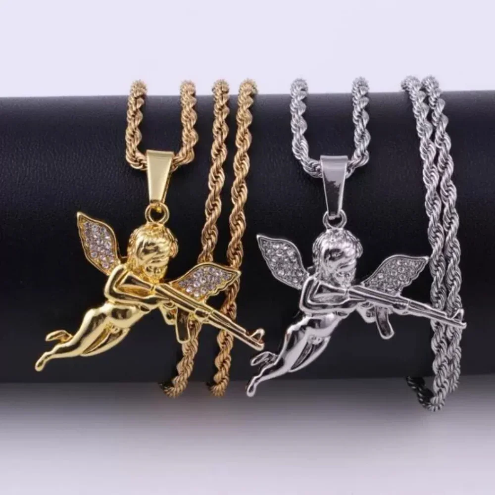 Lightweight Luxury Stylish Niche Revenge Machine Gun Angel Necklace Pendant Hip Hop Trend Party Gift Accessories