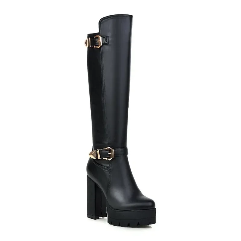 Women\'s Boots autumn winter new style fashion belt buckle Round head zipper Thick heel High heel High Boots