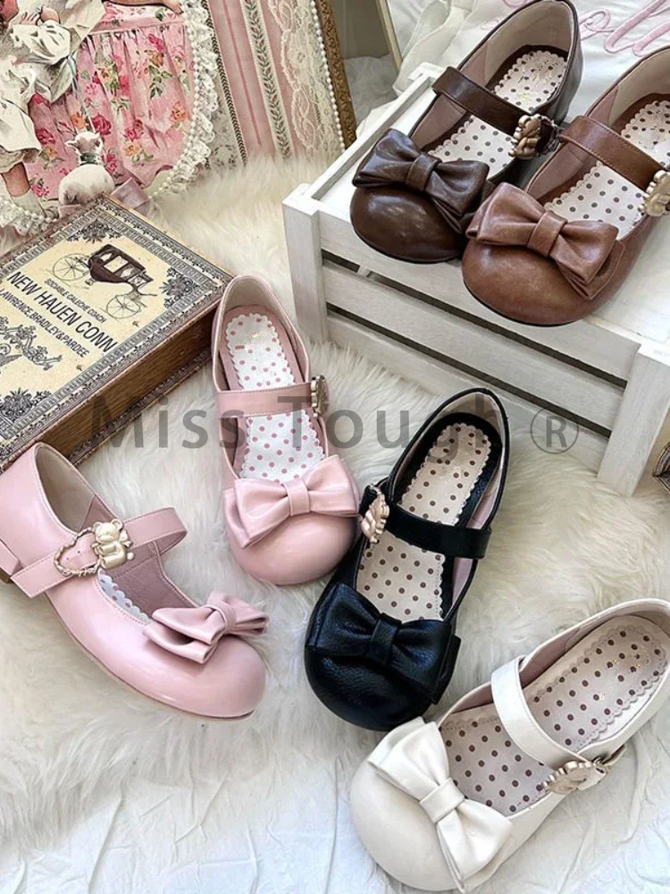 Kawaii Sweet Mary Janes Shoes Women Buckle Japanese Lolita Platform Shoes Female Pure Colour Bow Fashion Shoes 2024 Summer New