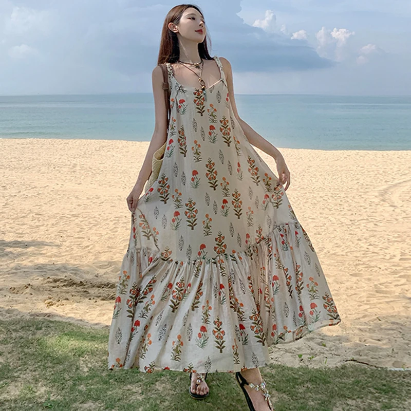2025 New Summer Ladies Fashion Vacation Beach Dress Female Sexy Backless Floral Print Casual Loose Boho Dress Robe