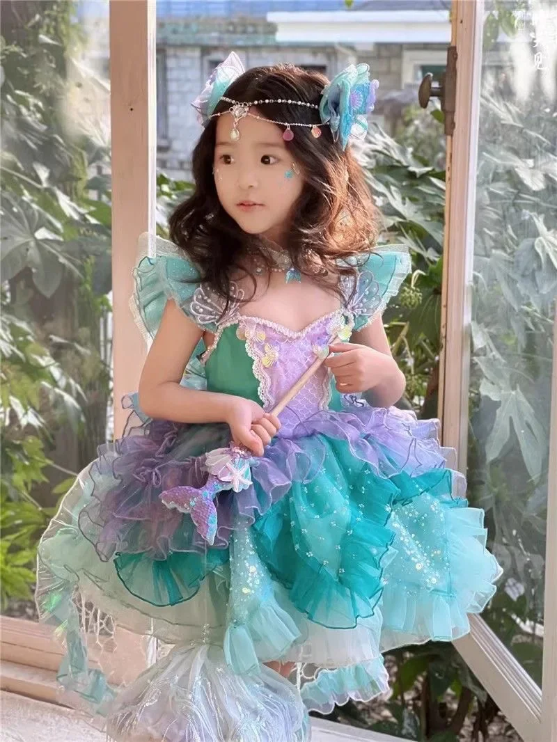 Abito da principessa per ragazze, scollo a cuore, maniche a sbuffo, volant, tulle a strati, paillettes, costume da spettacolo formale per feste