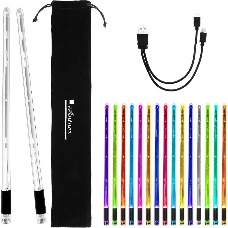 Naxilai Rechargeable LED Light Up Drum Sticks 15 Color Changing Drumsticks Durable Professional Drumsticks 2pcs