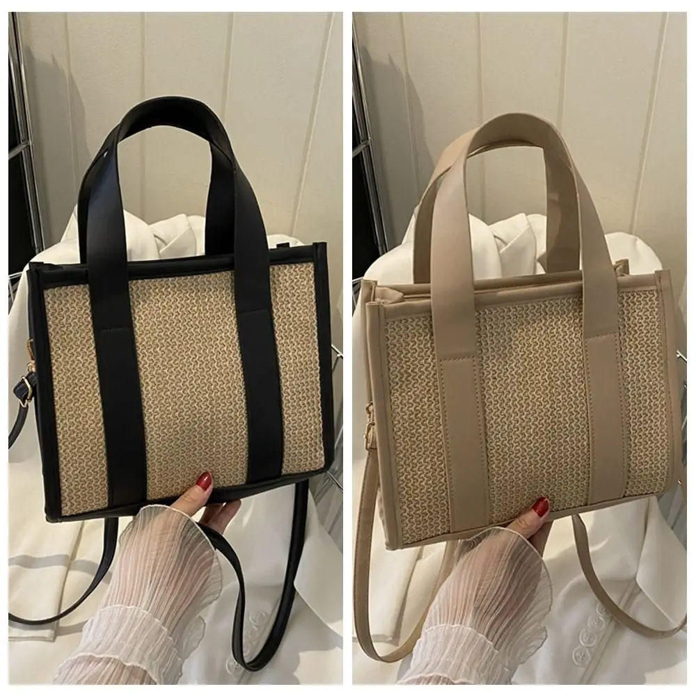 Large Capacity Knitted Handheld Straw Woven Tote Bag Simple Single Shoulder Bag Fashion Crossbody Pouch Travel Beach Handbag