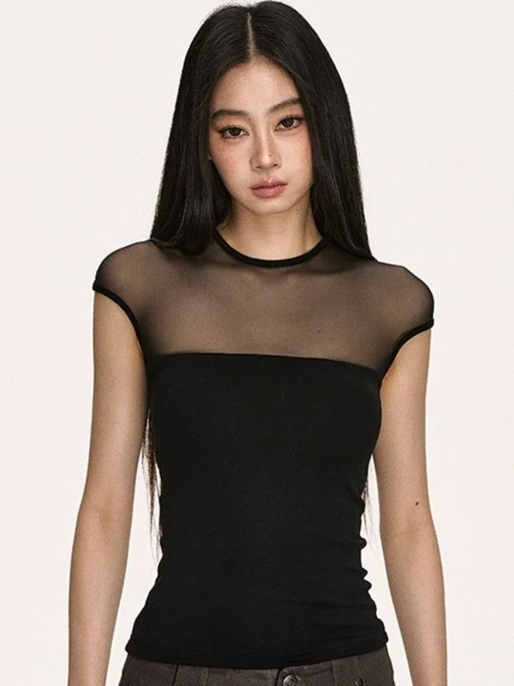 Y2k الشاش المرقعة امرأة بلايز 2025 Ropa Mujer خمر مثير كل مباراة موضة تيز الصيف شيك سليم صالح قصيرة الأكمام تي شيرت