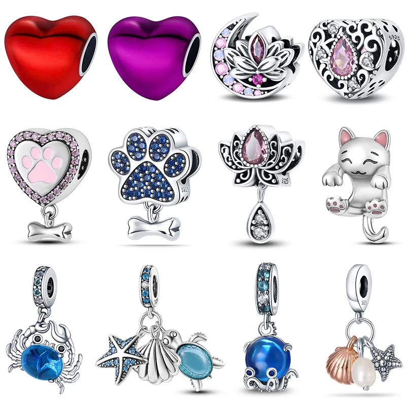 

Charms 925 Sterling Silver Heart Lotus Kitten Cat Paw Pendant Beads For Women's Bracelets 925 Original Pendant DIY Jewelry Gifts