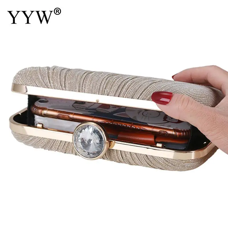 Elegant Matte Pleated Women Evening Handbag Round Crystal Clutch Bag Soft PU Leather Banquet Messenger Purse Single Metal Chain