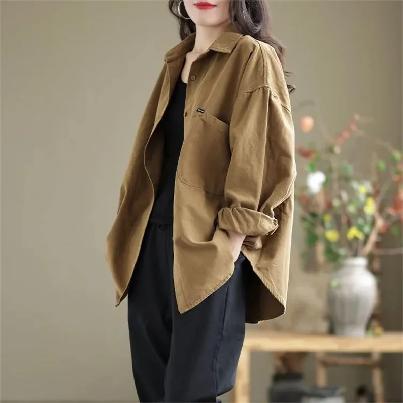 Fashion Single-breasted Solid Color Jackets Tops Female Spring All-match Loose Casual Long Sleeve Pockets Coats Women\'s Clothing