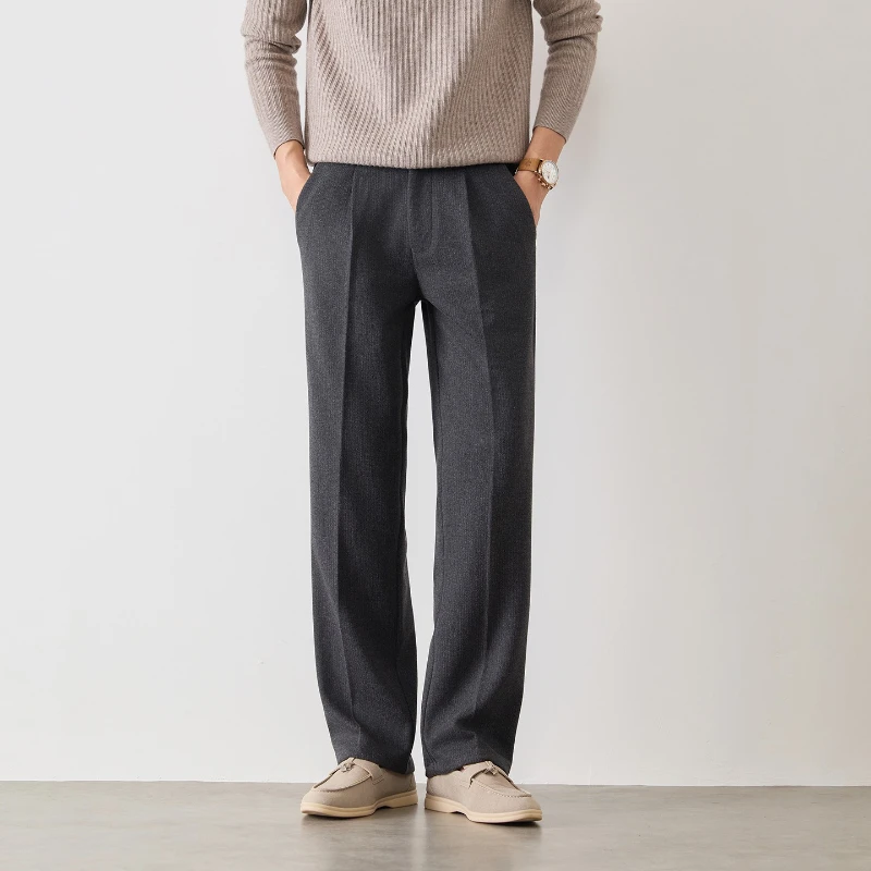 2026 Autumn and Winter Wheat Grain Woolen Casual Pants for Men, Simple Commuting, Hanging Loose Straight Leg Trousers