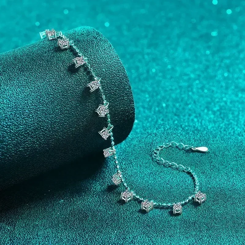1.3/3.9 Carat D Color Full Moissanite Diamond Charm Bracelets for Women, White Gold Diamond Bracelet Fine Jewelry Birthday Gift