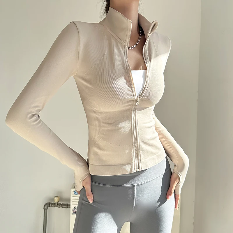 Women Seamless Full Zip Workout Jacket, Thumb Hole Long Sleeve Stand Collar Slim Fit Yoga Sports Running Jacket