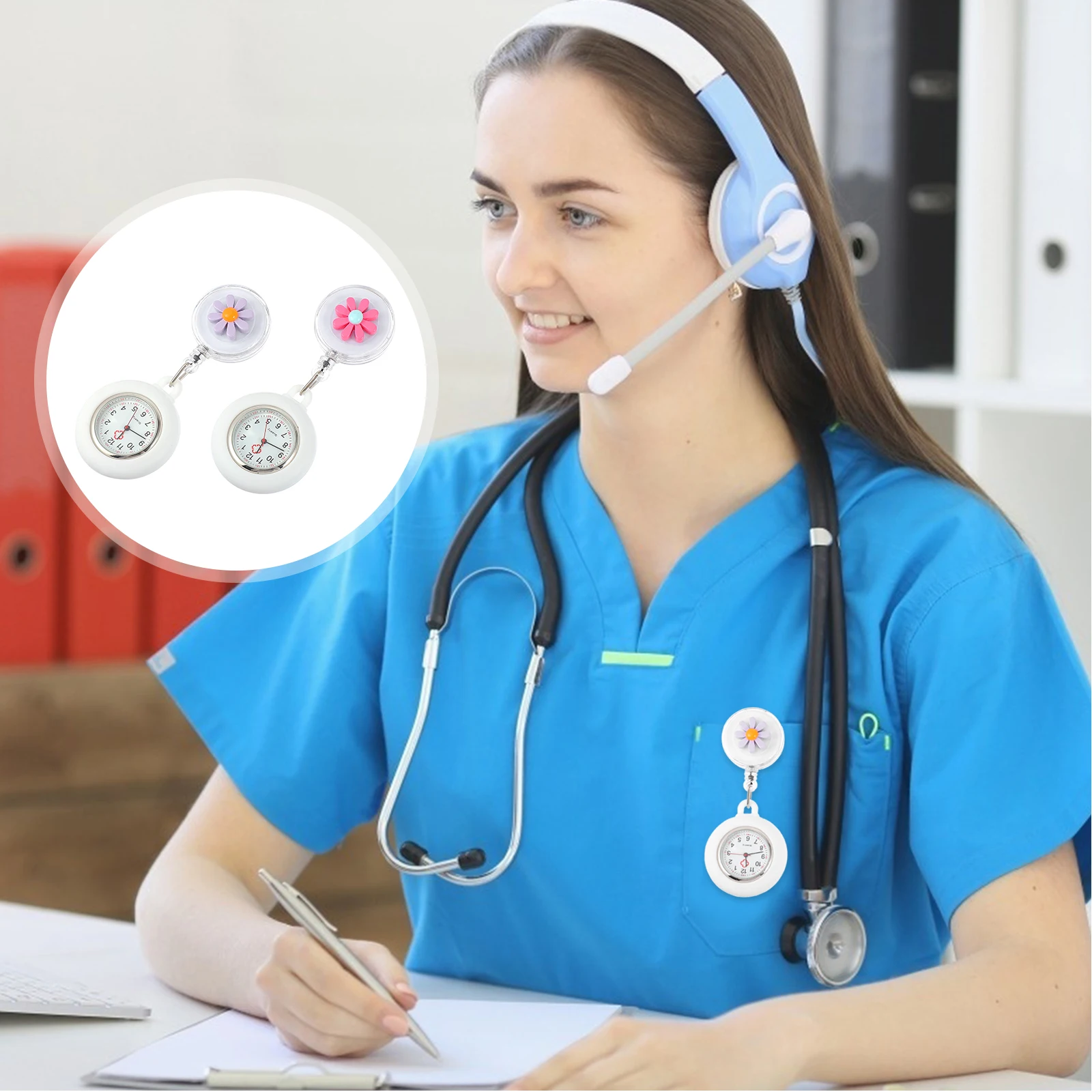 

2 Pcs Accurate Pocket Watches Prop Daisy Nursing Nurse Multi-function Clip Silica Gel Hanging Stylish Exquisite