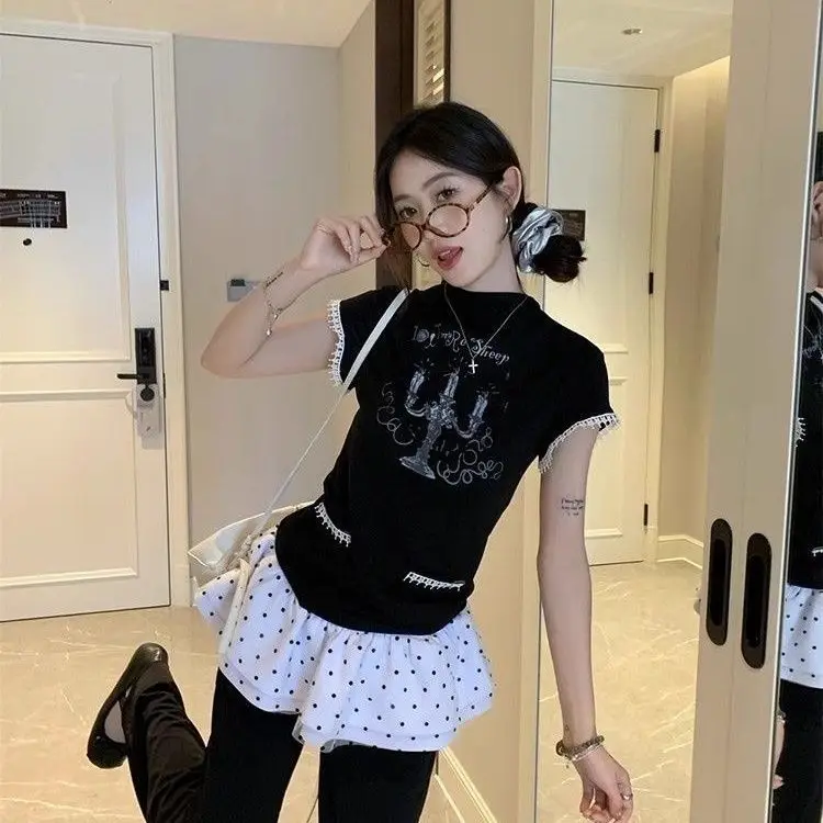 

Sweet Candlestick Printed Short-Sleeved T-Shirt Women Spring Summer New Niche Casual Design Casual Versatile Top