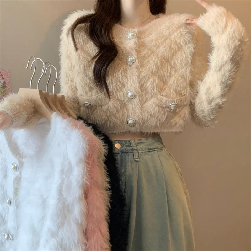 Kimotimo Knitted Cardigan Women 2024 Autumn Winter Round Neck Slim Short Plush Sweater Solid Long Sleeve Gentle Sweet Y2k Tops