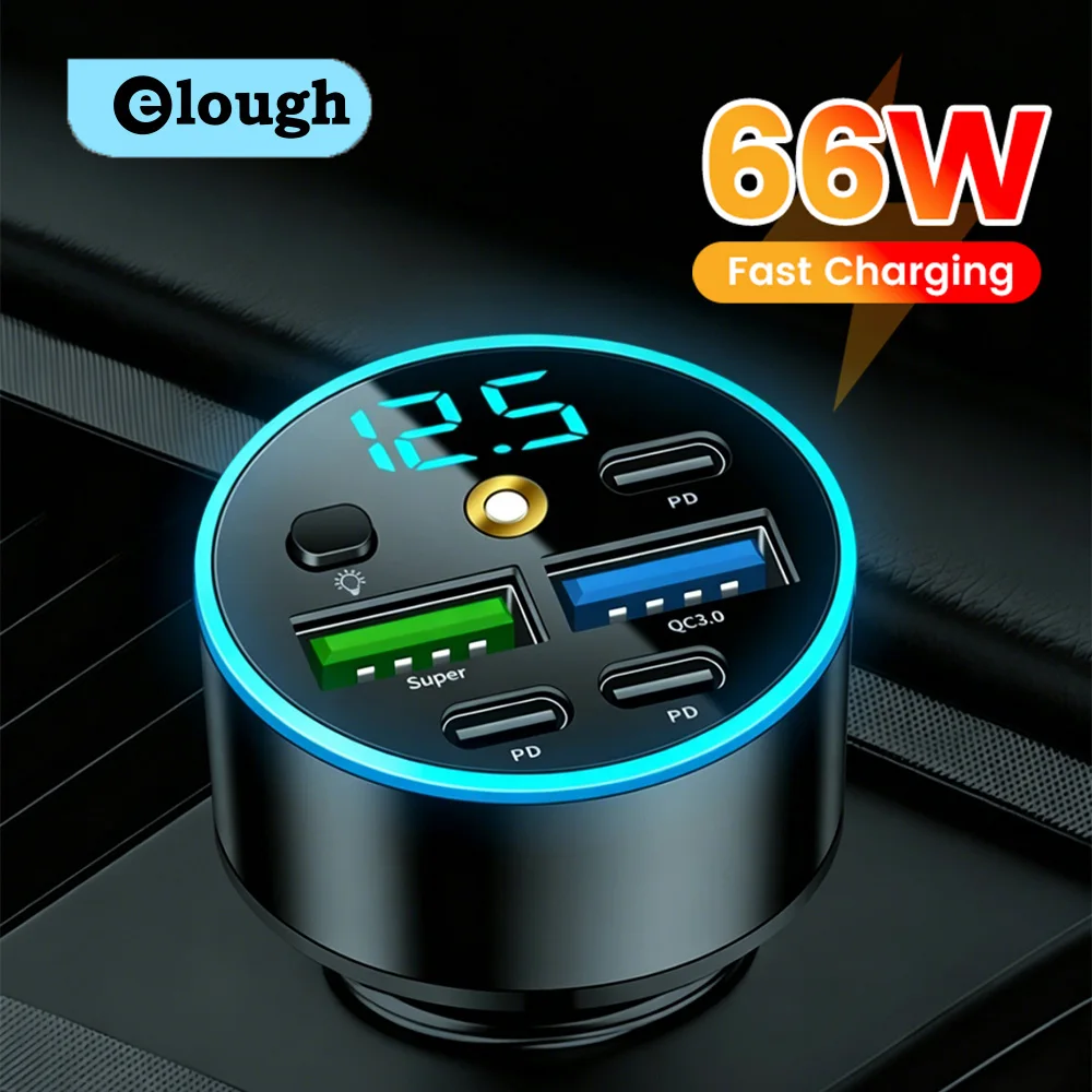 5-Port 66W USB C Car Charger Fast Charging Digital Display 2USB+3PD Car Phone Charger Adapter for iphone Samsung Huawei Xiaomi