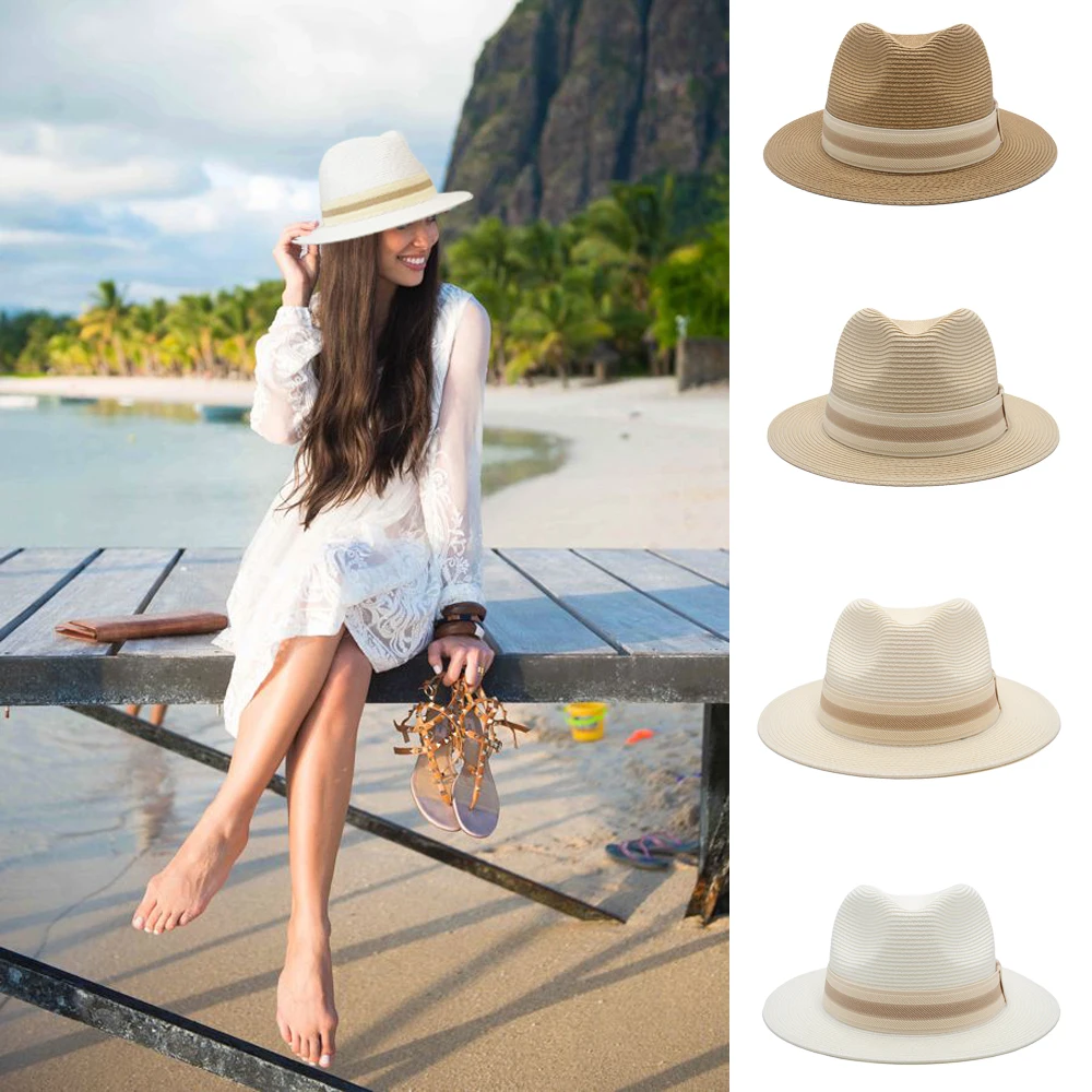 

Men Women Soft Straw Panama Hats Summer Fedora Middle Brim Sunhats Trilby Caps Street Beach Travel Sombrero Size US 7 1/4 UK L