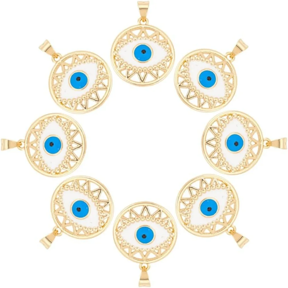 8 Pcs Evils Eye Charms Real 18k Gold Plated Brass Enamel Lucky Charms Flat Round Pendant Hanging Ornament Jewelry Accessories