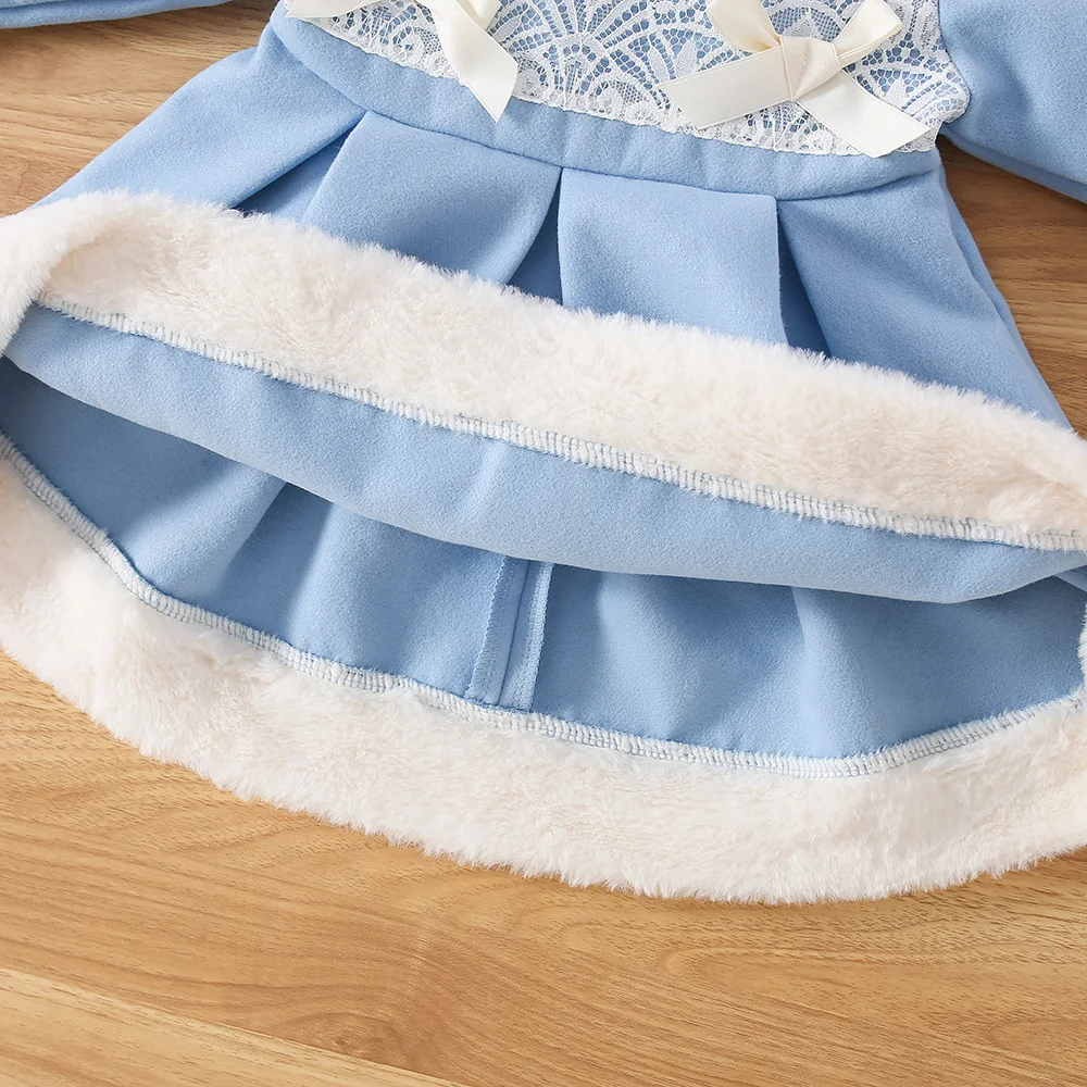 Winter New Girls Dress Birthday Party Dress Furry Lace Bow Ribbon Winter New Girls Dress Thick Garden Dress Round Neck Furry Hem