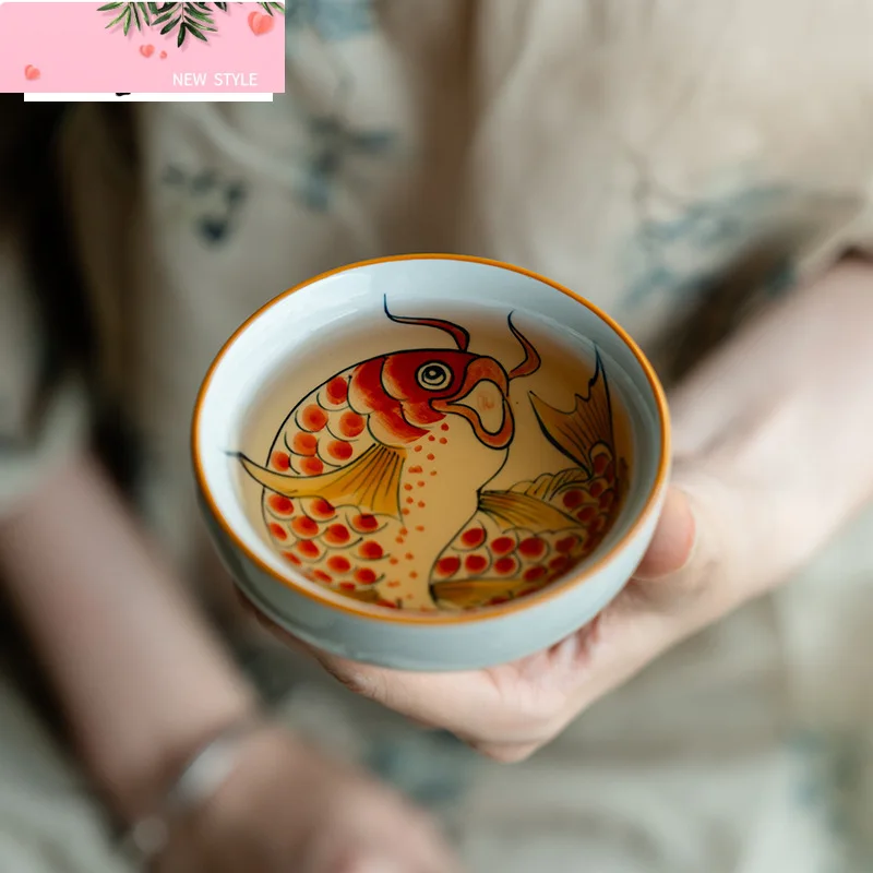 

100ml Pure Hand-painted Dragon Fish Teacup Nafu Blue and White Vintage Single Cups Meditation Cup Puer Tea Bowl Chazhan Ornament