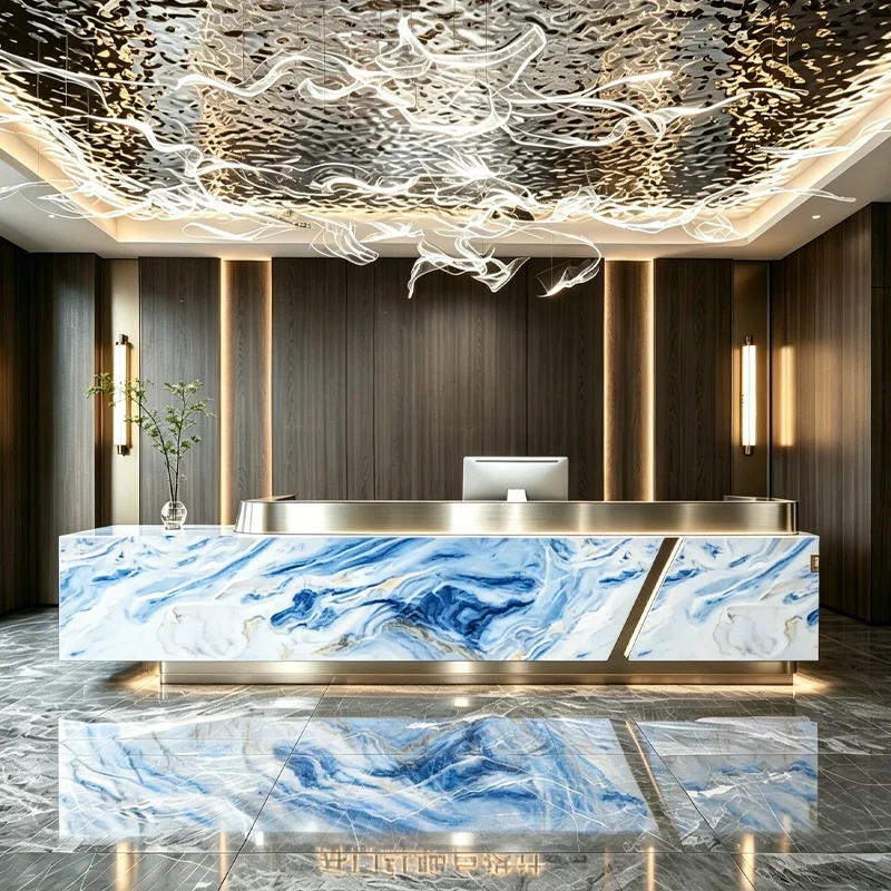%#Z Luxury High Gloss MDF Piano Paint Spa Reception Desk Modern Front Counter Marble Texture Custom Size Hotel Salon