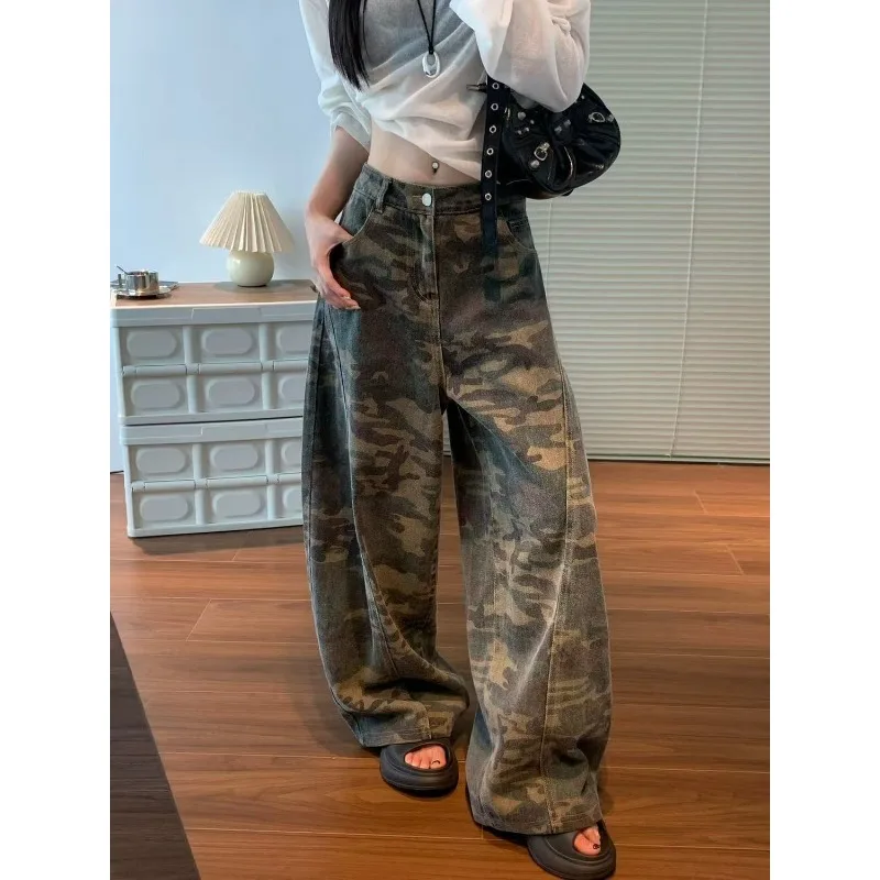 

American Fashion Camouflage Design Wide Leg Loose Jeans Street Style New Retro Floor Sweeping Curved Knife Pants Female Clothing