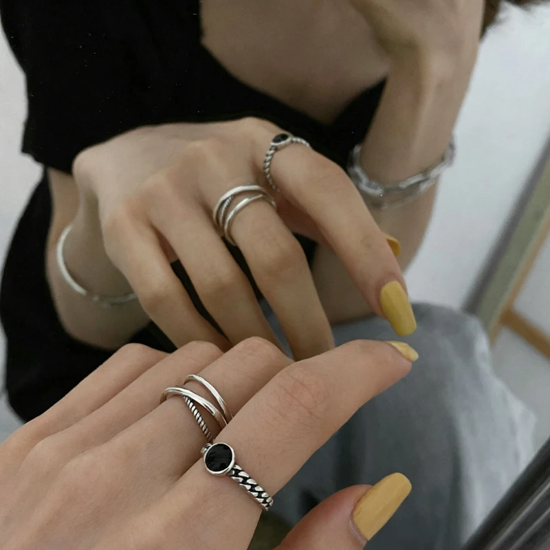 Women's 925 Sterling Silver Adjustable Black Stone Stackable Ring