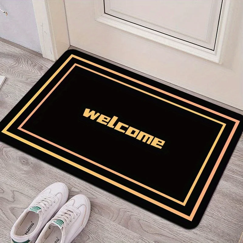 Welcome doormat with gold frame - machine washable, polyester, non-slip, suitable for living room, bedroom, kitchen and bathroom