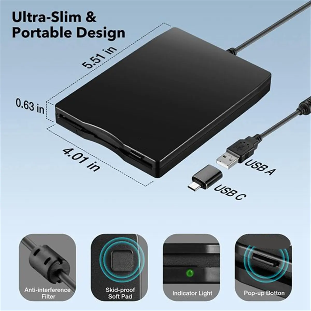 DT818/Floppy Disk Reader 3.5 Inch External USB Type A&C Floppy Disk Drive Floppy Disc Reader for Laptop