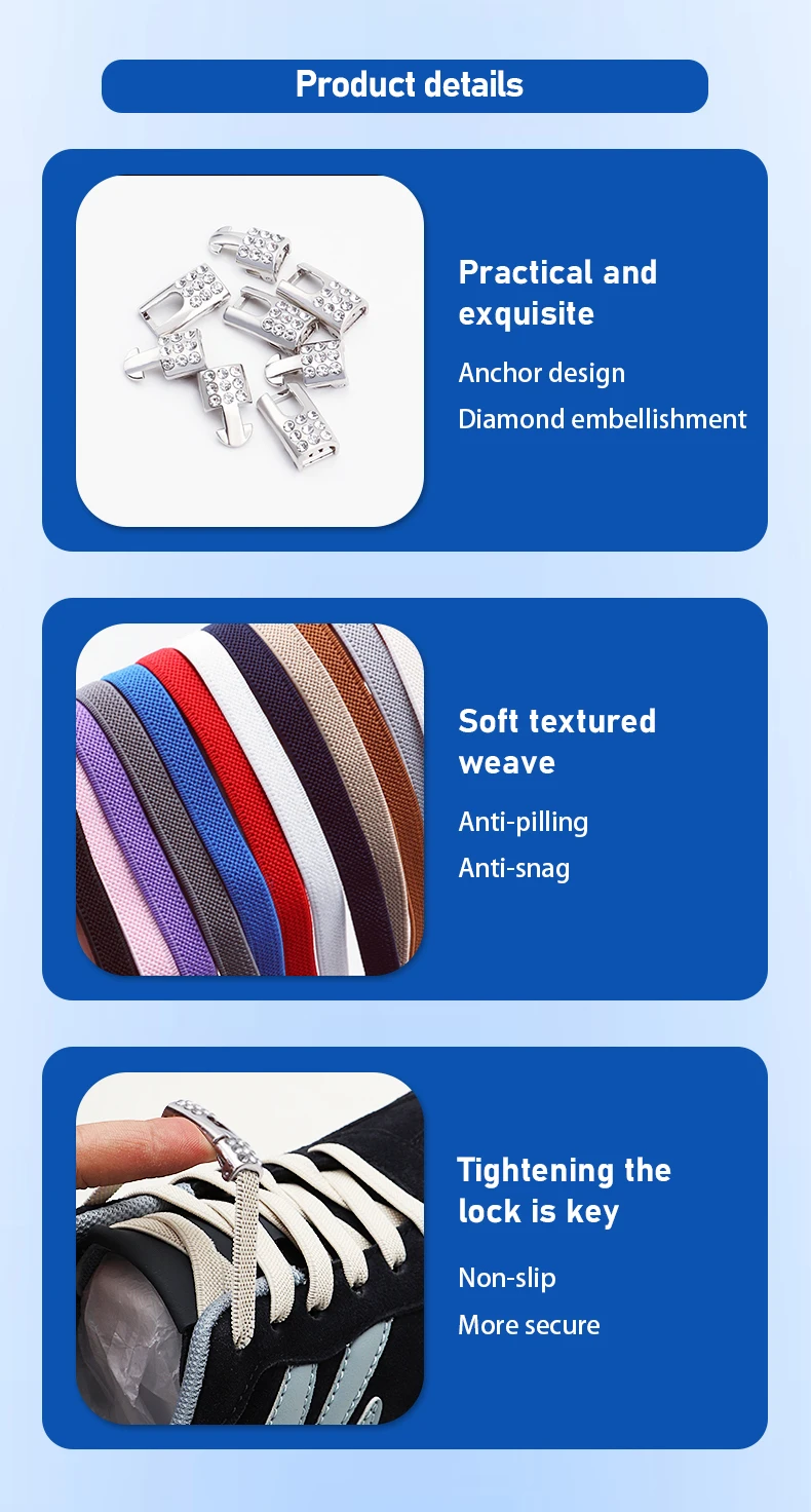 Neue Diamant-Schnürsenkel ohne Binden, elastische Schnürsenkel für Sneaker, Schnürsenkel ohne Binden für Kinder und Erwachsene, Schuhzubehör – Detail 3
