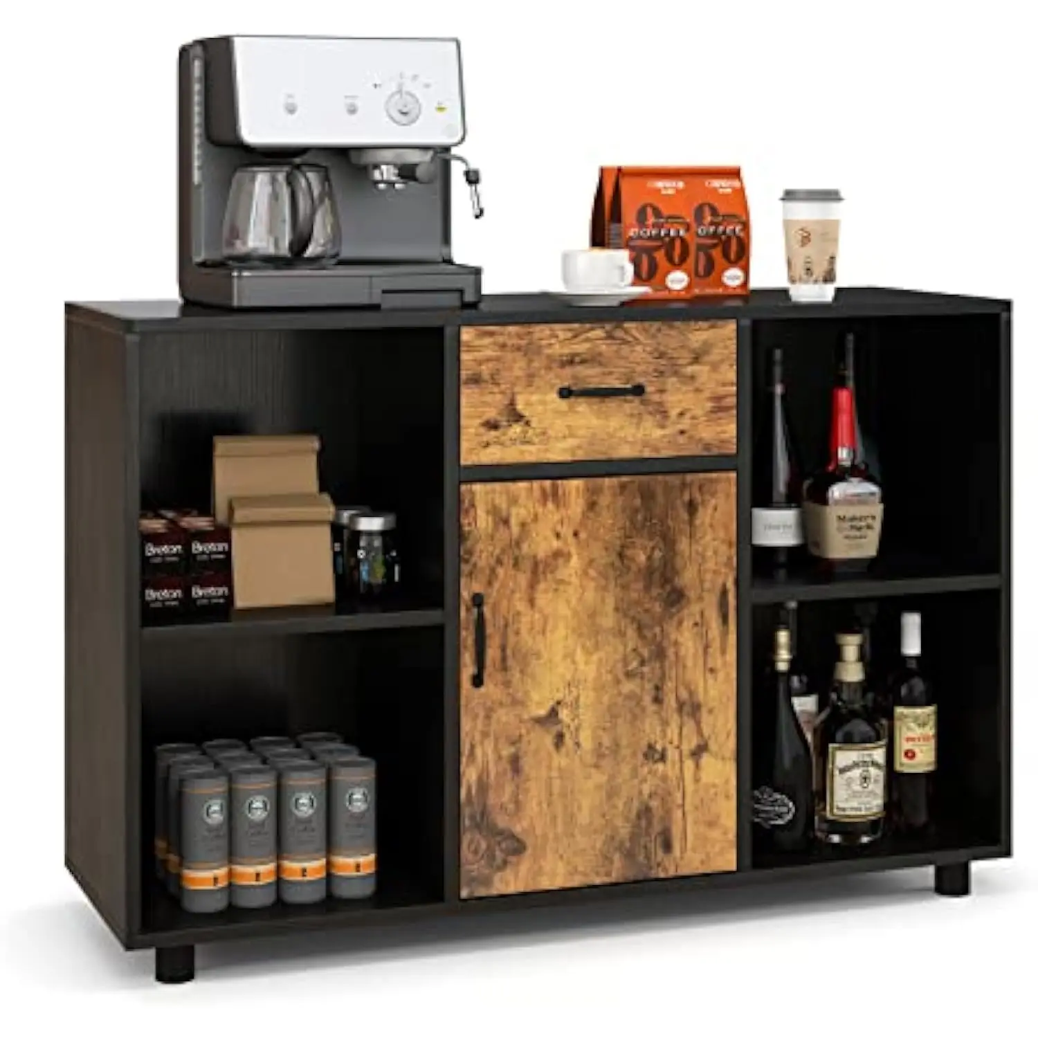 

Industrial buffet cabinet with storage, kitchen sideboard cabinet with drawer and 4 open compartments, multipurpose credenza ac
