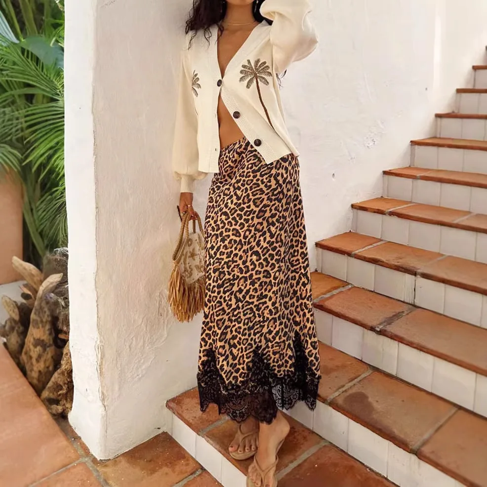 WomenVintage Leopard Print Midi Skirt High Waist Slim Long Skirt Black Lace HemSatinBodyconMaxi Skirt Fashion Club Party Bottoms