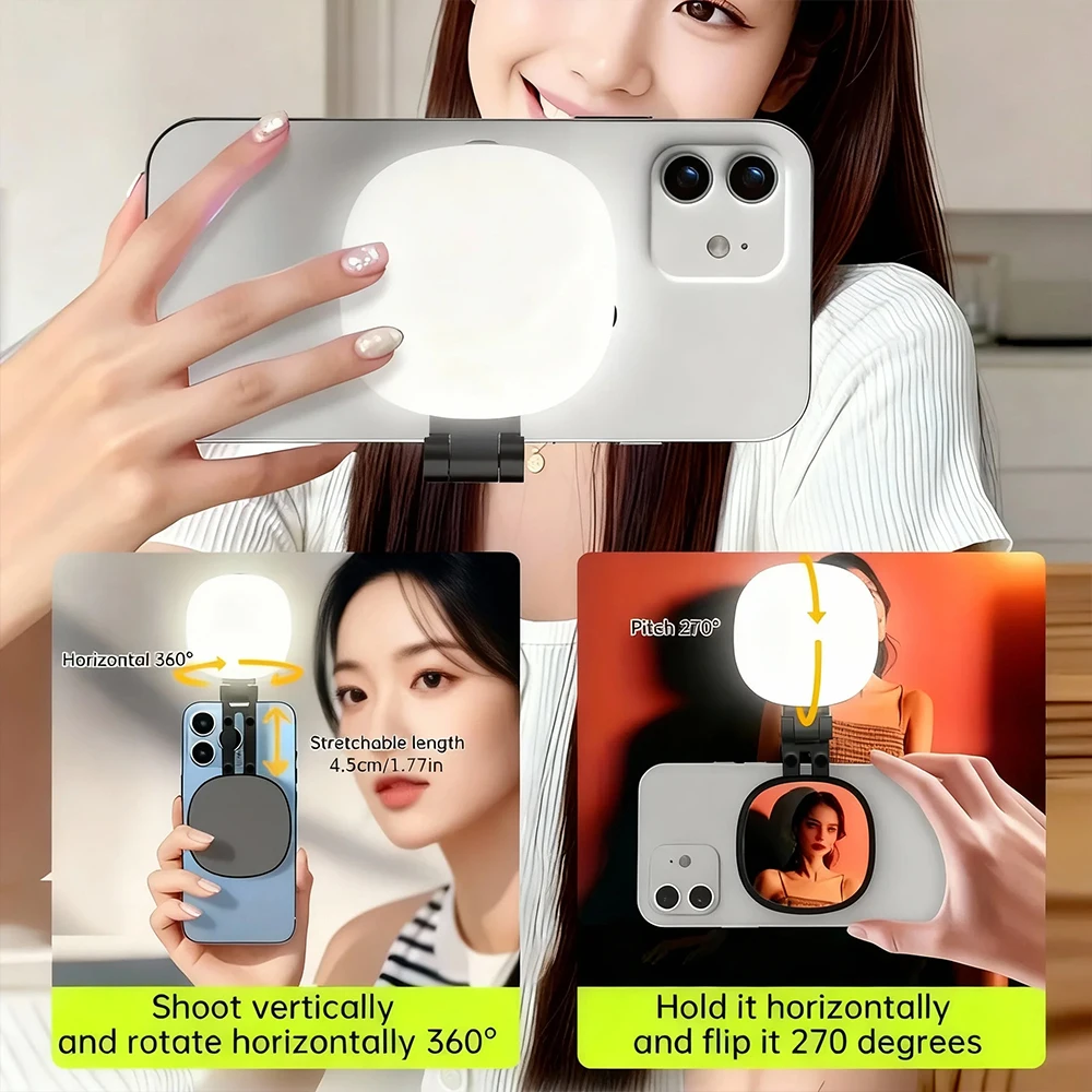 With Mirror Magnetic Selfie Light 360° Rotating Phone Fill Light 3 Color Dimmable LED Clip for Makeup Live Streaming Video Calls