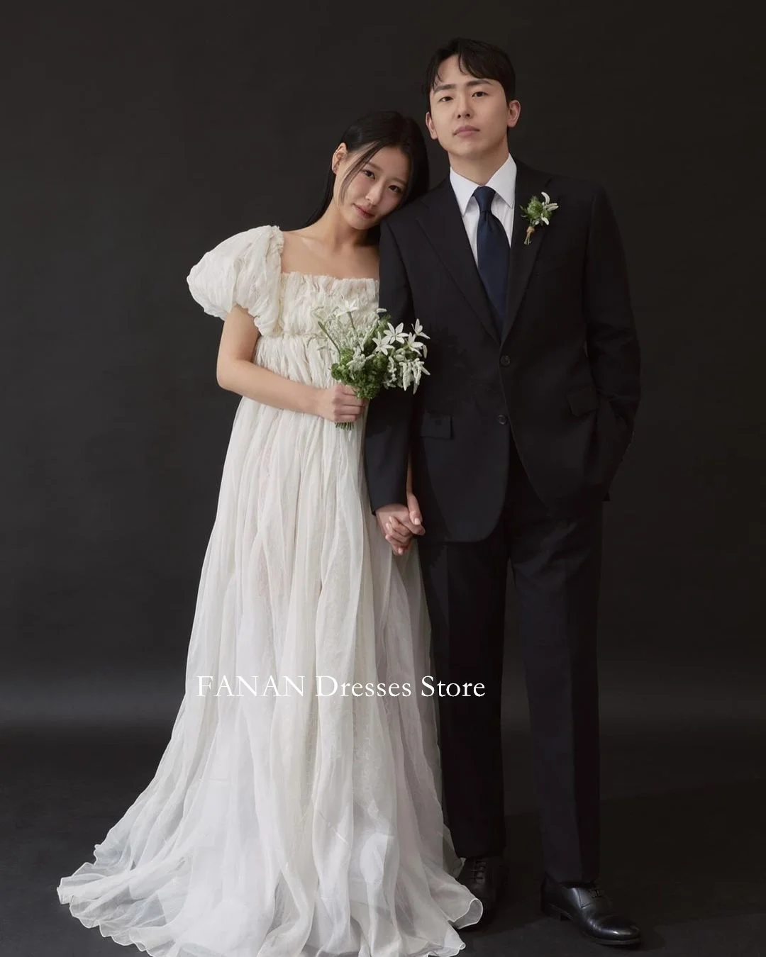 

FANAN Square Collar Korea Ivory Ruched Wedding Dresses 웨딩드레스 Puff Sleeves Custom Made Pretty Bride Gowns Plus Size