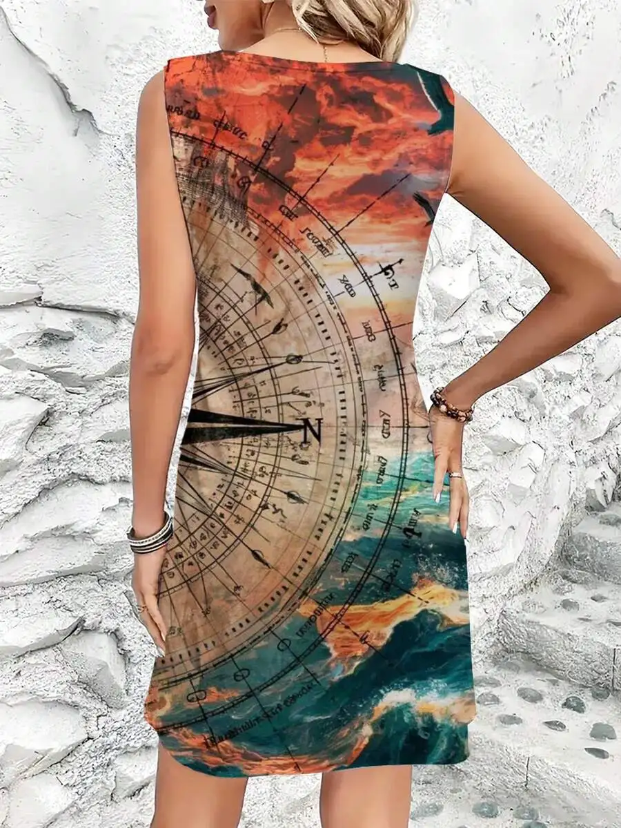 

Compass And Ocean Sunset Print Women Sleeveless Round Neck Dress Casual Beach Vacation Outfit