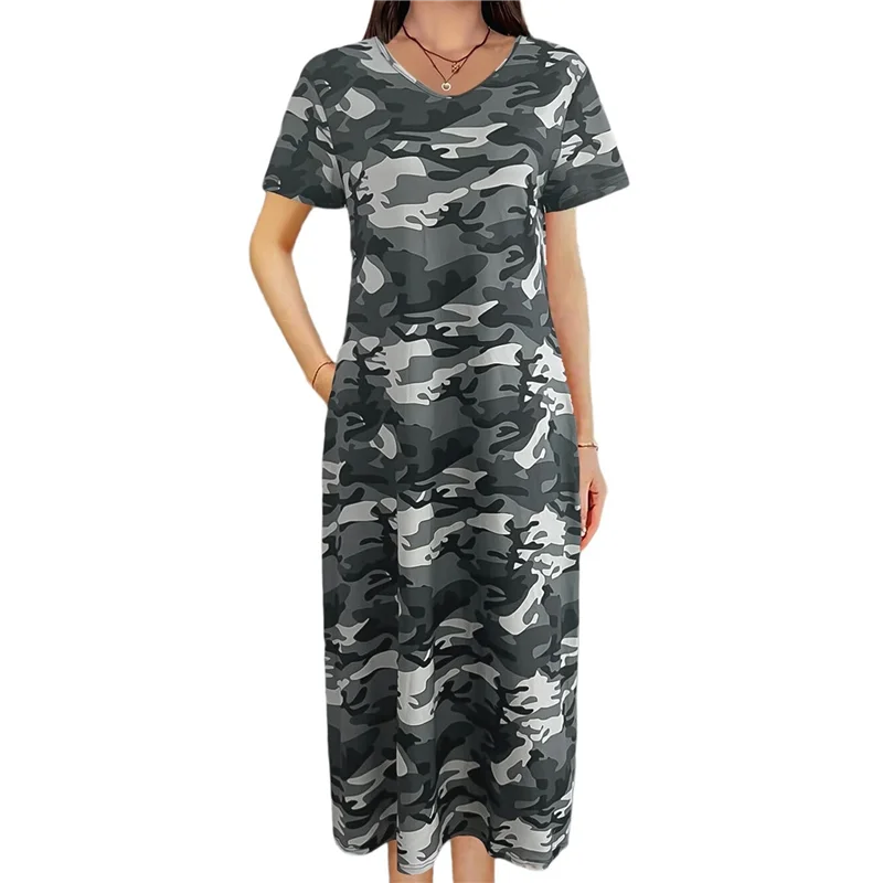 A83F- فستان تي شيرت صيفي كاجوال للنساء فضفاض بأكمام قصيرة مع جيب للنساء
