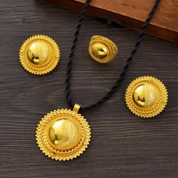 Gold Color Ethiopian Jewelry Sets Necklace Earrings Ring 3-piece Sets Dubai Wedding Bride Sets African Gifts #TZ052