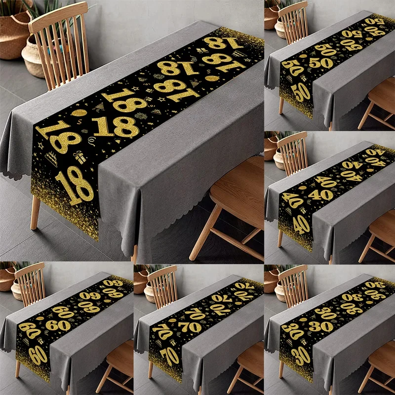 Schwarz-goldener Tischläufer aus Polyester mit Aufschrift „Happy Birthday“ für den Innen- und Außenbereich, Geburtstagsfeier, Esszimmerdekoration