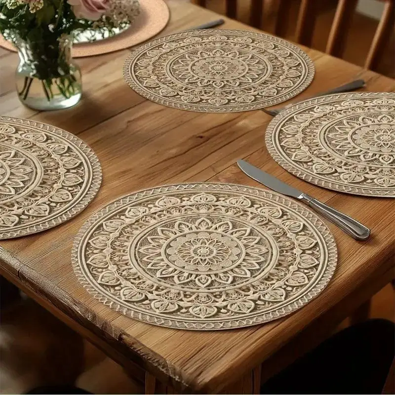 4 Pcs 2D Flower Printed Placemats Round Polyester Anti-Stain Table Mats for Home Kitchen Festival Dining Decor