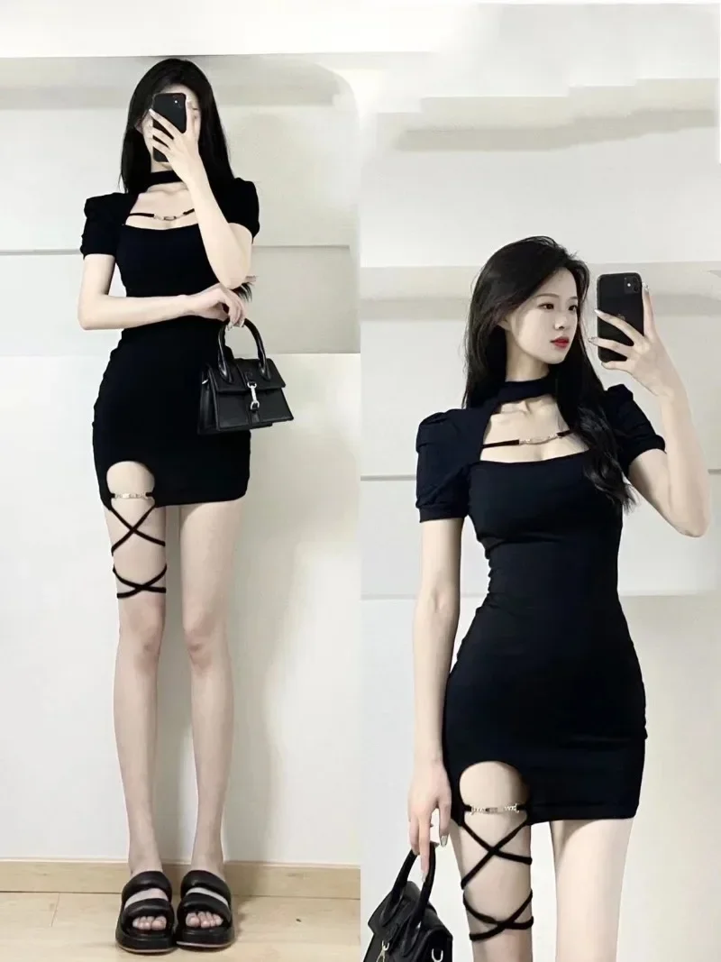 فستان نسائي قصير بأشرطة صلبة مثير بأكمام قصيرة فساتين سهرة ضيقة قابلة للتمدد على الطراز القوطي فساتين كورية قصيرة ضيقة Y2k Playerее