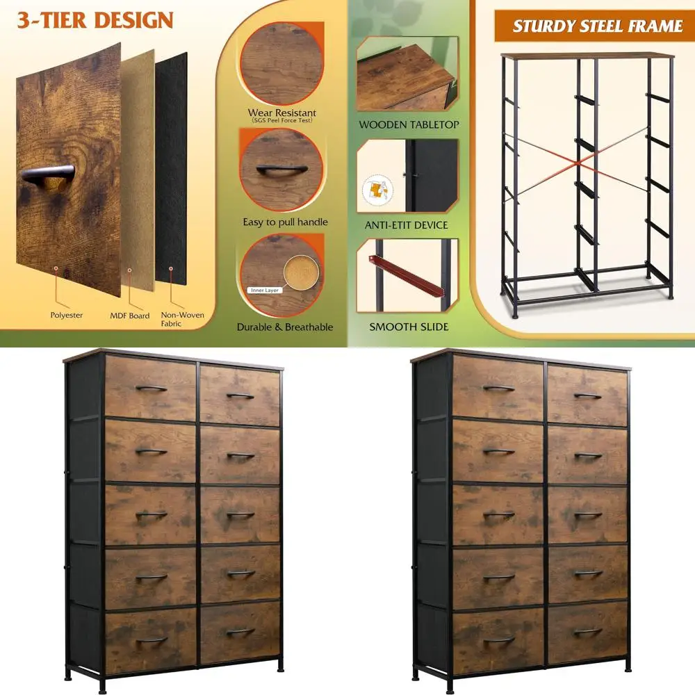 

Высокий комод с 10 ящиками для спальни, тканевые ящики для хранения в шкафу, тумба с металлическим каркасом, деревенский стиль, коричневый цвет под дерево