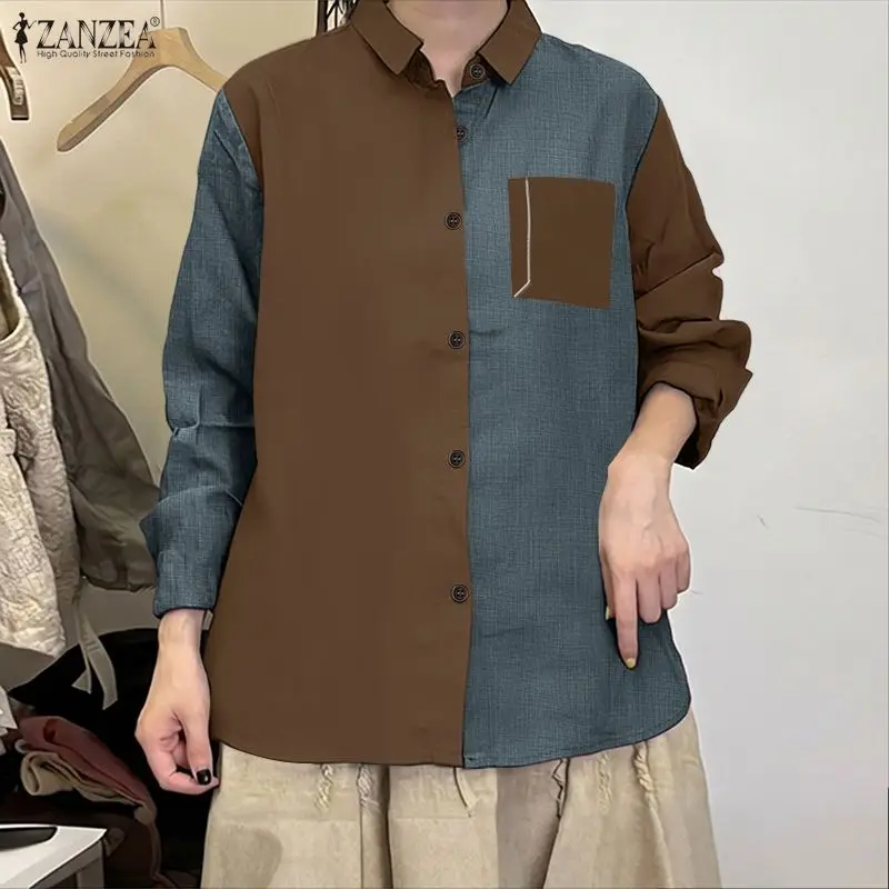 ZANZEA Vintage Shirts met lange mouwen Dames Casual Knoppen Mode Blouses 2026 Herfst Lente Kleur Patchwork Losse Oversized Blusas