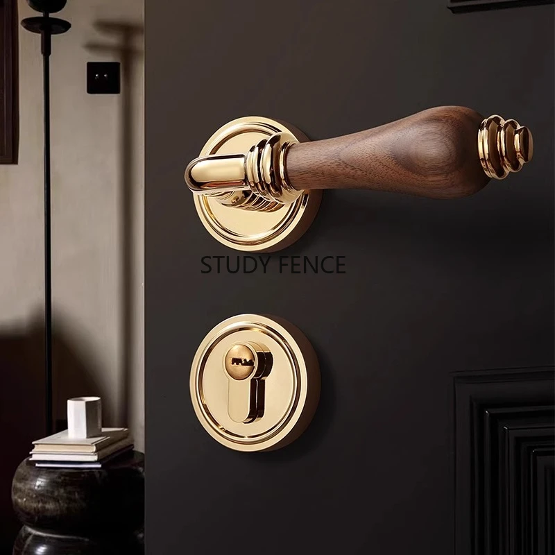 

High Quality Golden/Silver Wood Grain Door Lock Interior Bedroom Door Handle Chinese Retro Style Walnut Silent Lock