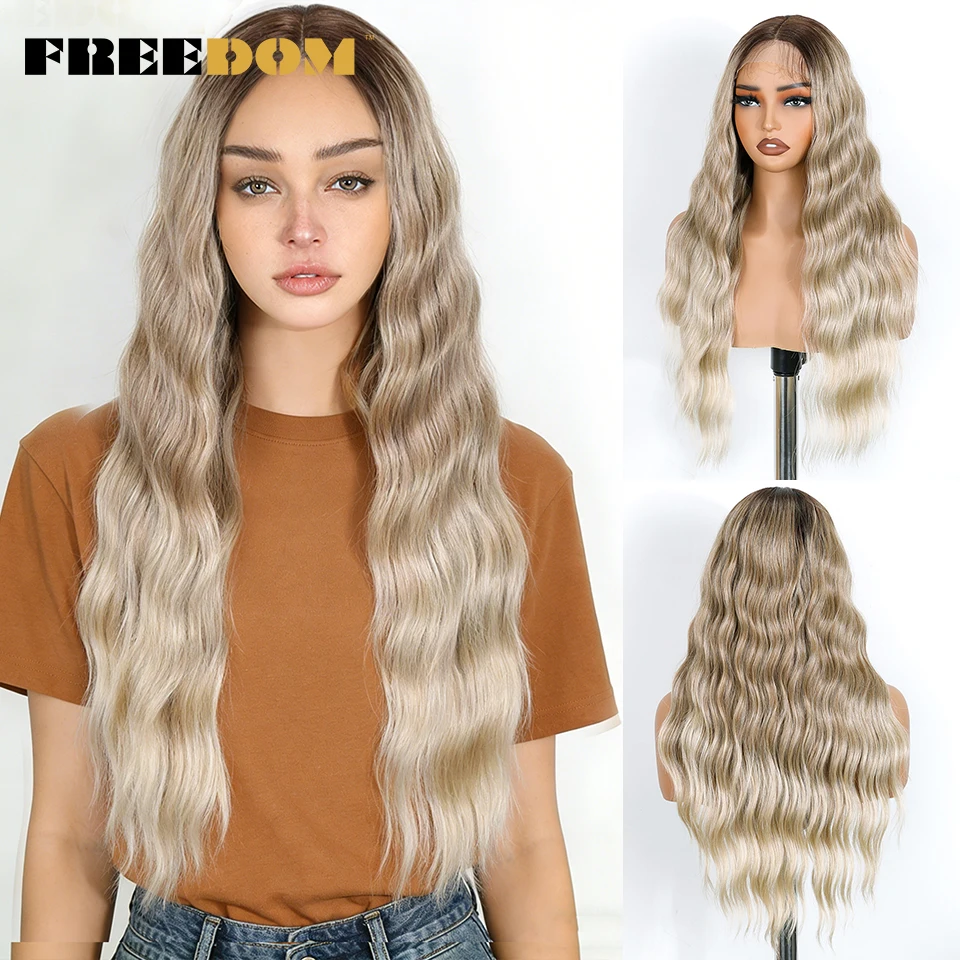 

Синтетические парики FREEDOM с кружевной передней частью, 26 дюймов, глубокие волнистые парики с кружевом для женщин, омбре, коричневые, блонд, белые парики с мелированием, парик для косплея
