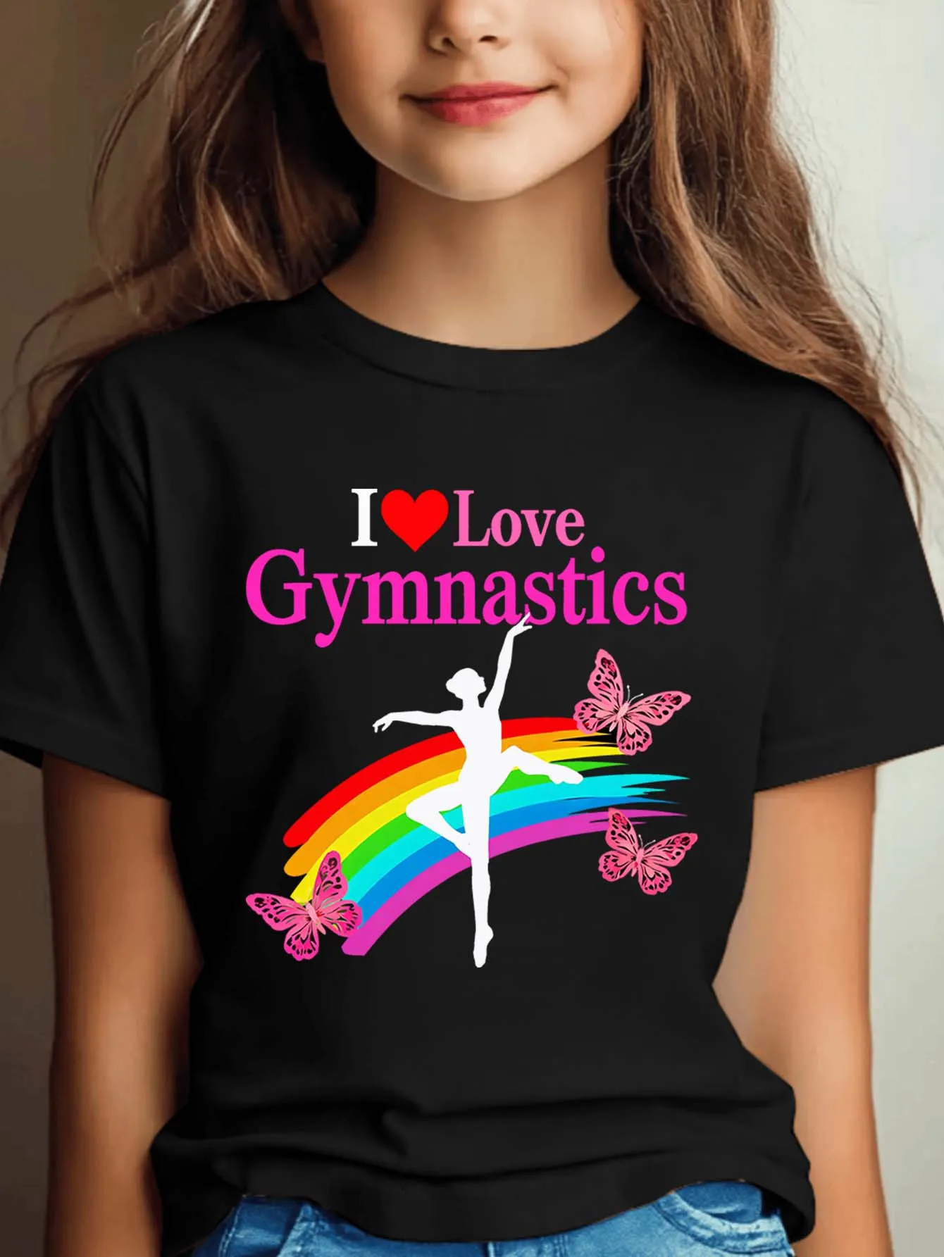 Cute Gymnastics Butterfly Rainbow Print Kids Tee Boys Girls Family Matching Cotton Crew Neck Short Sleeve Soft Summer Tee