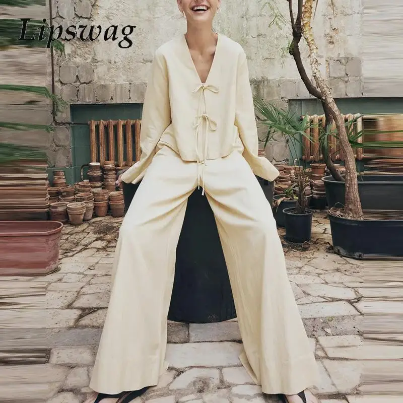 

Women Suit Temperament Outfit Spring Bow Tie-up Long Sleeve Cardigan Tops&Wide Leg Pants Set 2025 Casual Solid V-Nek Two Piece