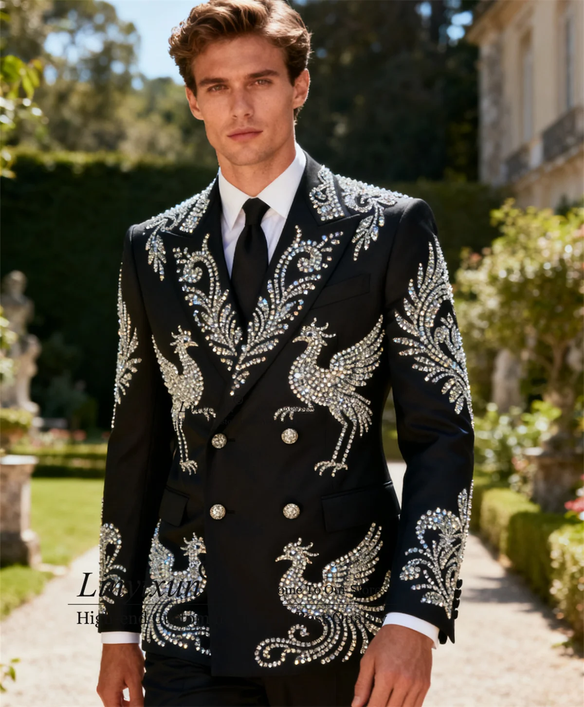 

Sparkly Ornament Diamonds Men Suits Customized Slim Fit Wedding Tuxedos 2 Piece Sets Groom Male Blazers Party Costume Homme